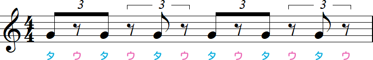 1拍3連符の音符と休符が交互（2拍3連符×2と同じタイミング）の小節