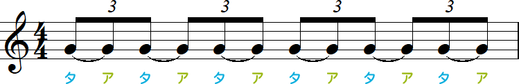 1拍3連符のタイ記号（2拍3連符×2）の小節